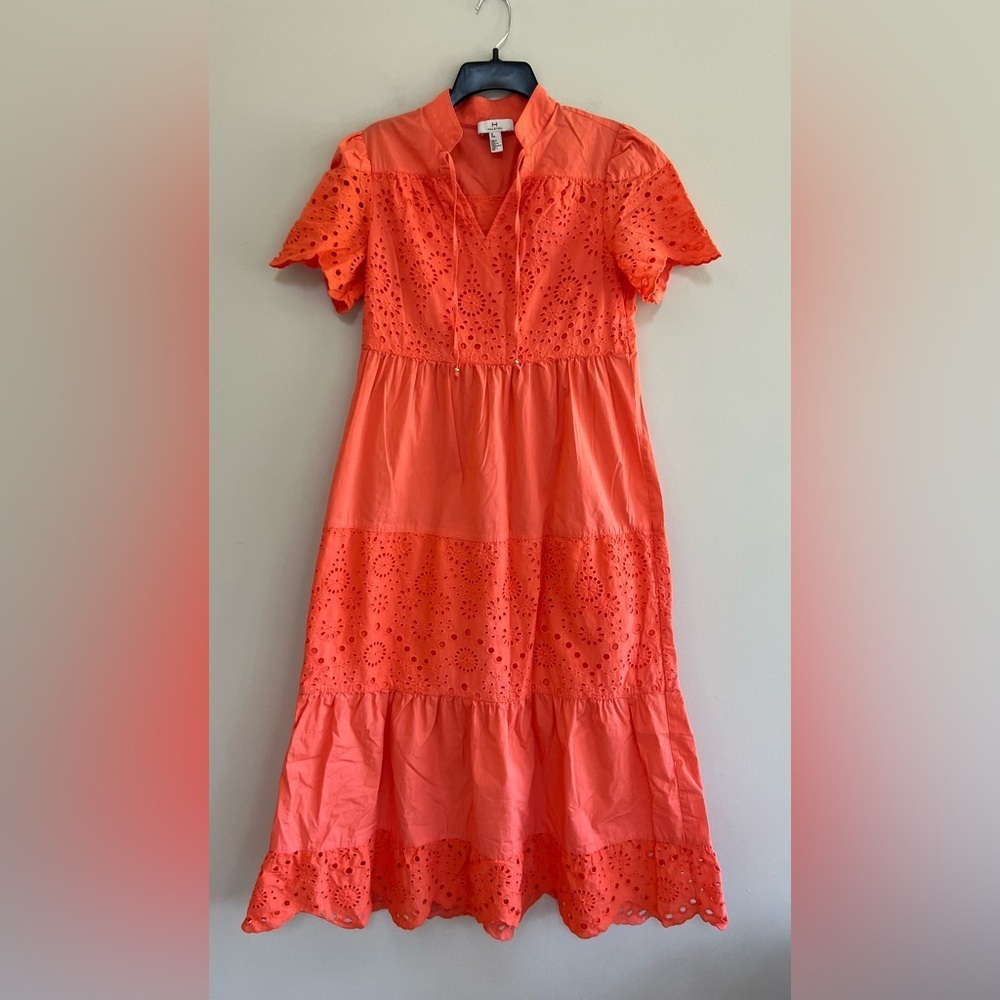 H By Halston Short Sleeve Mix Media Midi Dress In Coral Orange, Xs